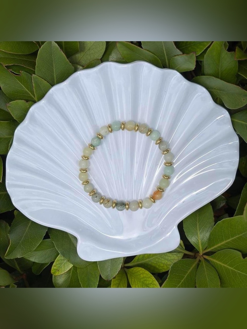 Aventurine + Gold Stack Bracelet – Handmade Stretch Bracelet 💚🐚